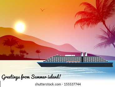 Cruise Ship near a Tropical Island with Sunset Background -Vector Illustration