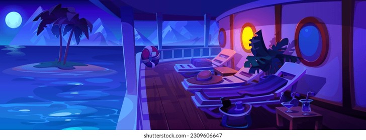 Cruise ship with night sea, mountains, tropical island view. Vector cartoon illustration of luxury yacht with wooden chairs cocktail glasses on table, lifebuoy on railing, moon in sky. Summer voyage