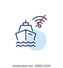 Cruise ship and no wi-fi symbol. Offline travel in deep sea. Disconnected digital detox vacation. Pixel perfect, editable stroke icon