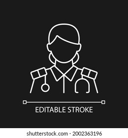 Cruise ship nurse white linear icon for dark theme. Health care during traveling. Thin line customizable illustration. Isolated vector contour symbol for night mode. Editable stroke