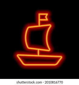 Cruise ship, ocean liner, sea boat. Orange neon style on black background. Light linear icon with editable stroke