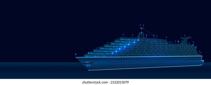 Cruise ship in ocean with neon lights and dots. Concept of luxury vacation on futuristic blue cruise liner. Modern big boat for travel brochure, sailing design or digital template for voyage website.