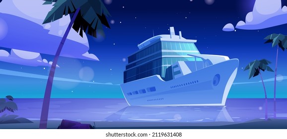 Cruise ship in ocean at night. Vector cartoon illustration of summer tropical landscape with sand beach, palm trees and passenger cruise liner in sea. Concept of travel, resort vacation and recreation