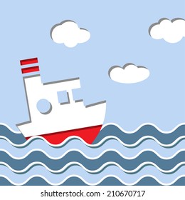 Cruise ship in the ocean. Vector background in vintage style