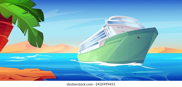 Cruise ship in ocean water near beach cartoon background. Sea and vacation liner deck in summer. Passenger boat for luxury voyage to island. Modern marine seaside scene with desert shore landscape