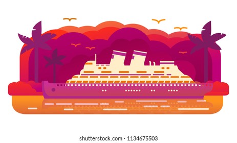 Cruise ship old retro.Passenger ocean liner. Tropical island of a palm tree sunset. Sea voyage.Flat vector. Banner concept.