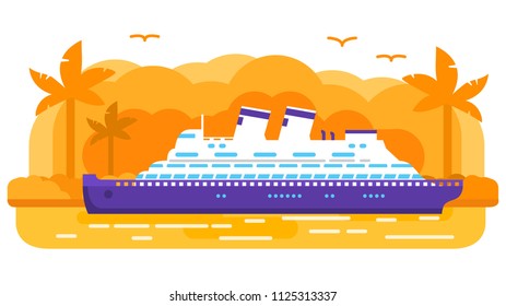 Cruise ship old retro.Summer marine travel .Passenger ocean liner, Tropical island of a palm tree sunset. Sea voyage.Flat vector. Banner concept.