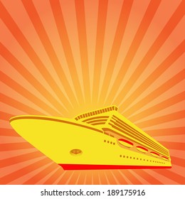 Cruise ship on the background of the rising sun. Background to postcards. Tourism and transport.