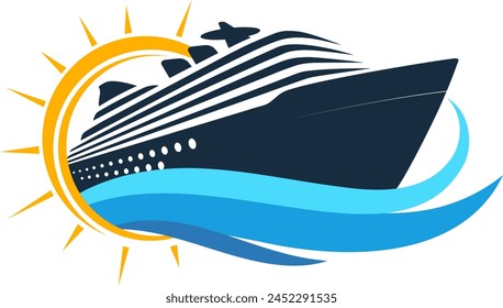 Cruise ship on blue sea waves and sun. Design for travel and sea holidays