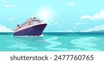 Cruise ship on the ocean with seagulls flying, in a vector illustration style, against a clear sky. Concept of travel and vacation. Vector illustration