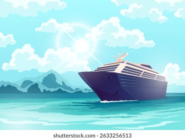 Navio de cruzeiro no oceano com gaivotas voando, em um estilo de ilustração vetorial, contra um céu claro. Conceito de viagem e férias. Ilustração vetorial