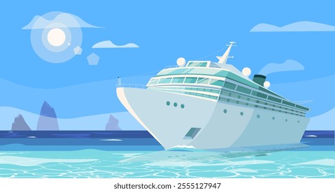 Cruise ship on the ocean under sunny sky. Vector illustration