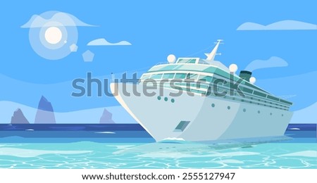 Cruise ship on the ocean under sunny sky. Vector illustration