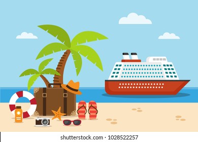 Cruise ship on the sea and suitcase on the beach with travel accessories. Vector illustration