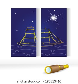 Cruise. The ship on the sea and a telescope.