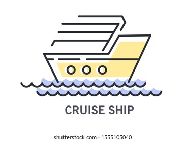 Cruise ship on waves icon. Cruiser, sailing transportation, sailboat with passengers and tourism accommodation. Ocean or sea vacation, travelling themed linear vector illustration on white background.
