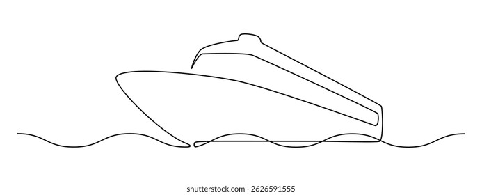Cruise ship in one continuous line drawing. Sea and ocean yacht in simple linear style. Luxury caribbean travel and vacation in editable stroke. Outline vector illustration