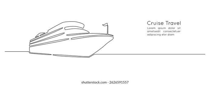 Navio de cruzeiro em um desenho de linha contínua. Mar e iate oceânico em estilo linear simples. Viagem e férias de luxo no Caribe em traços editáveis. Ilustração de vetor minimalista