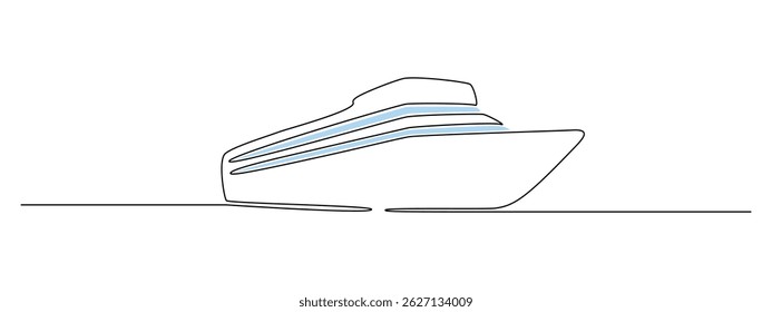 Cruise ship in one continuous line drawing. Sea and ocean yacht in simple linear style. Luxury caribbean travel and vacation in editable stroke. Monoline vector illustration