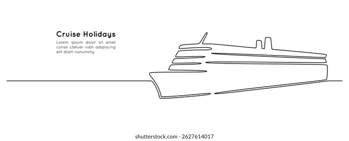 Navio de cruzeiro em um desenho de linha contínua. Mar e iate oceânico em estilo linear simples. Viagem e férias de luxo no Caribe em traços editáveis. Ilustração de vetor de rabiscar