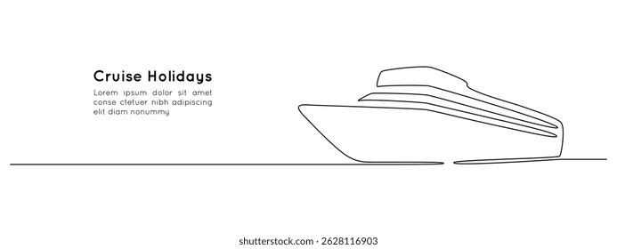 Navio de cruzeiro em um desenho de linha contínua. Mar e iate oceânico em estilo linear simples. Viagem e férias de luxo no Caribe em traços editáveis. Ilustração de vetor desenhada à mão