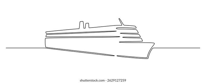 Navio de cruzeiro em um desenho de linha contínua. Mar e iate oceânico em estilo linear simples. Viagem e férias de luxo no Caribe em traços editáveis. Ilustração de vetor de rabiscar
