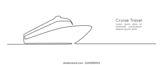 Navio de cruzeiro em um desenho de linha contínua. Mar e iate oceânico em estilo linear simples. Viagem e férias de luxo no Caribe em traços editáveis. Ilustração do vetor de esboço