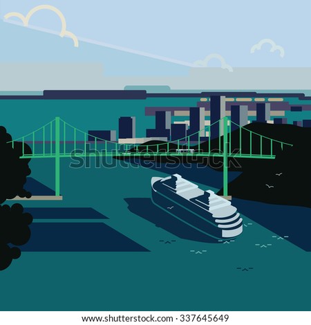 A cruise ship passes under the lionsgate bridge in vancouter beside stanly park and Vancouver in the distance