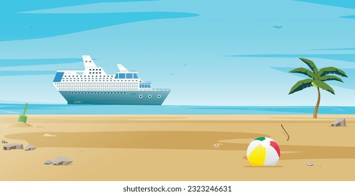 A cruise ship is passing by near the beach.