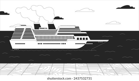 Cruise ship pier black and white line illustration. Harbor cruiseliner 2D scenery monochrome background. Luxury boat. Sea voyage. Ocean transport. Cruise ocean liner outline scene vector image