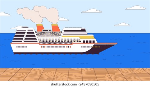 Cruise ship pier cartoon flat illustration. Harbor cruiseliner 2D line scenery colorful background. Luxury boat. Sea voyage. Ocean transport. Cruise ocean liner scene vector storytelling image