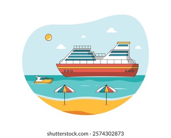 Cruise ship at the pier, luxury transportation for rich people's vacation. Character design. Vector flat illustration