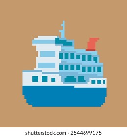 Arte del pixel del barco de crucero, Ilustración vectorial en fondo aislado.
