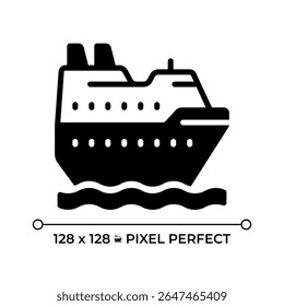 Cruise ship pixel perfect glyph solid icon. Ocean liner sailing. Sea travel by comfortable vessel. Maritime transport. Black silhouette symbol on negative space. Vector isolated illustration