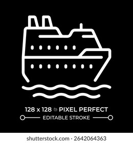 Cruise ship pixel perfect white line icon in negative space. Ocean liner sailing. Sea travel by comfortable vessel. Maritime. Monochrome linear symbol on black background. Editable stroke