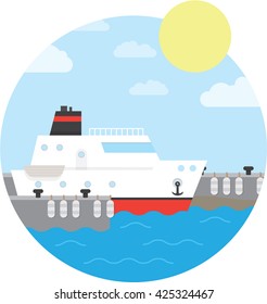 Cruise ship in the port. Yacht on the water. Vector illustration of round background