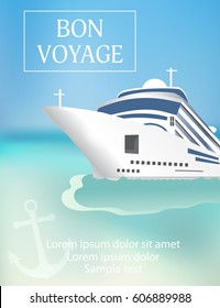 Cruise ship poster with «Bon Voyage» headline. Transatlantic liner ship, anchor. Vector illustration.