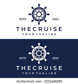 Cruise ship rudder logo design with sea waves, retro ropes and anchors. Logo for business, sailors, sailing.