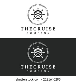 Cruise ship rudder logo design with sea waves, retro ropes and anchors. Logo for business, sailors, sailing.