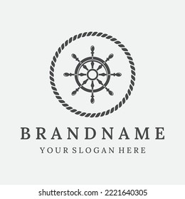 Cruise ship rudder logo design with sea waves, retro ropes and anchors. Logo for business, sailors, sailing.