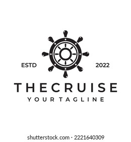 Cruise ship rudder logo design with sea waves, retro ropes and anchors. Logo for business, sailors, sailing.