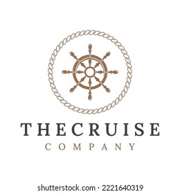 Cruise ship rudder logo design with sea waves, retro ropes and anchors. Logo for business, sailors, sailing.