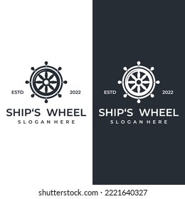 Cruise ship rudder logo design with sea waves, retro ropes and anchors. Logo for business, sailors, sailing.