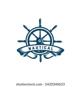 Cruise ship rudder logo design with ribbon vintage style. Logo for business, sailors, sailing.