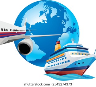 Crucero de vela y avión volando alrededor del mundo, representando los viajes internacionales y el turismo