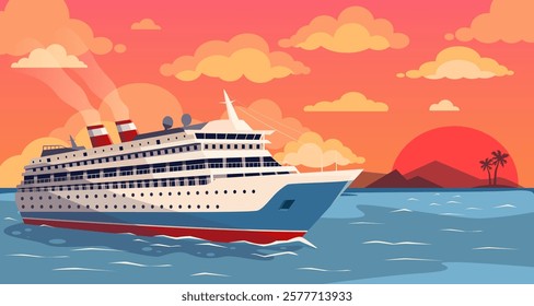 Cruise ship sailing during sunset with vibrant colors. Vector illustration