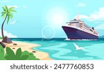 A cruise ship sailing near a tropical beach with palm trees and seagulls, in a bright and colorful illustration. Concept of vacation and travel. Vector illustration