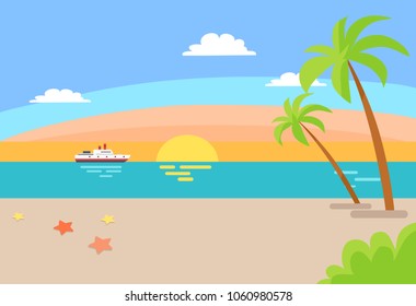 Cruise ship sailing in ocean, summer beach landscape with blue sea, hot sand and endless sky clouds, palm trees, tropical beach vector summer scenery