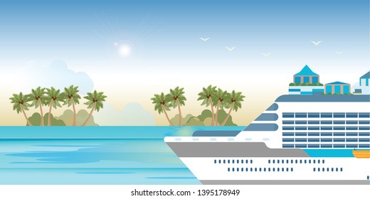 Cruise ship sailing on blue water, Maritime recreation in cruising tour vector illustration.