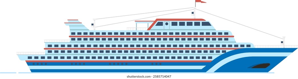 Cruise ship sailing on calm water, featuring numerous decks, windows, and a prominent red flag at the top, ideal for travel, tourism, and maritime industry projects